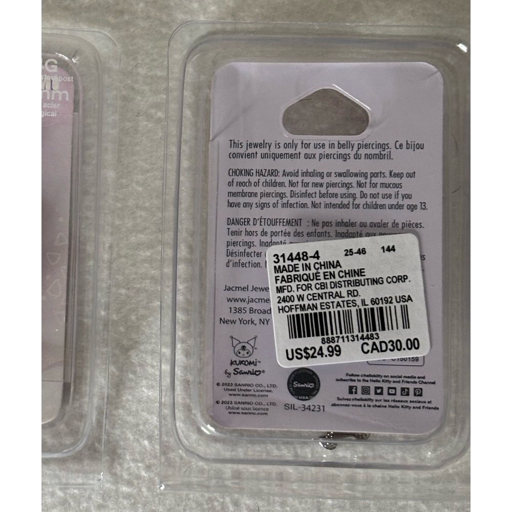 Belly Ring Claire’s KUROMI Sanrio Hello Kitty Kuromi Stainless Steel Post - Picture 2 of 4